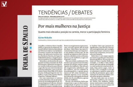 Artigo por Karim Miskulin na Folha de S.Paulo: Por mais mulheres na Justiça